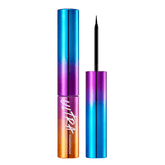 A colorful liquid eyeliner bottle with a blue, purple, and orange gradient. The eyeliner is drawn in a clean, sharp line on a secondary image.